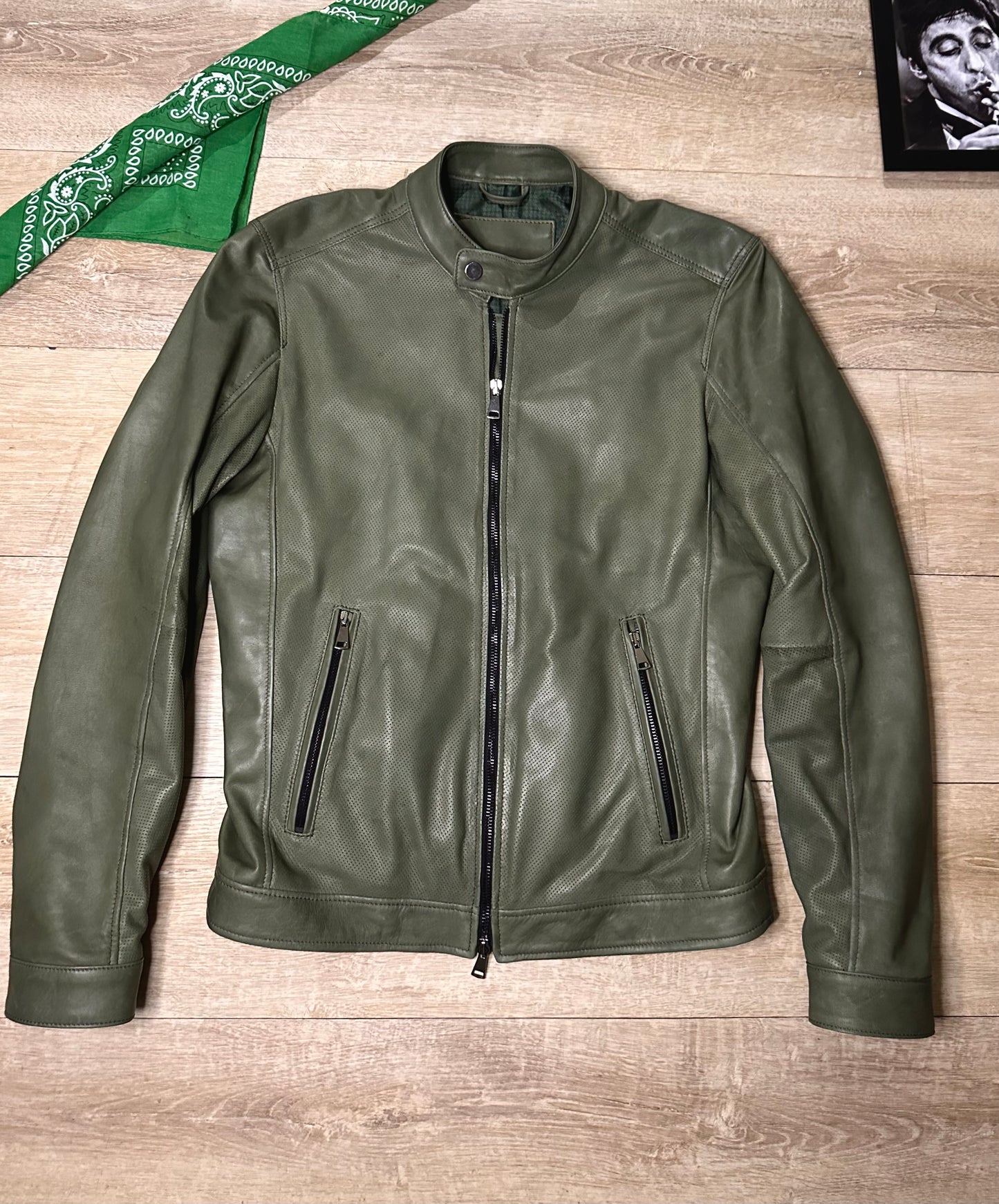 “Biker Rebel” in olive green perforated leather