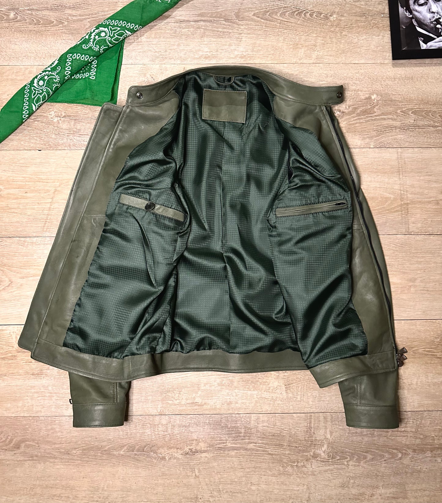 “Biker Rebel” in olive green perforated leather