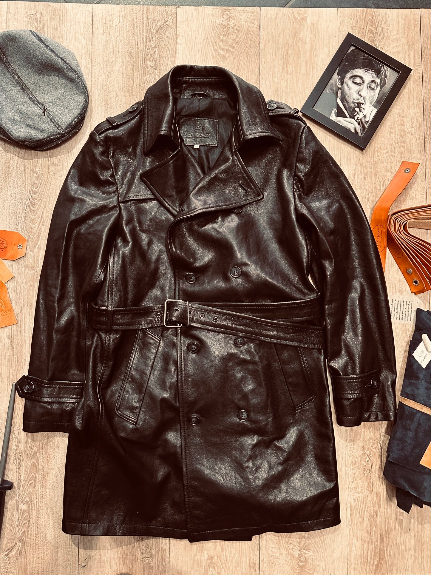 “Heritage Trench” trench coat in washed leather