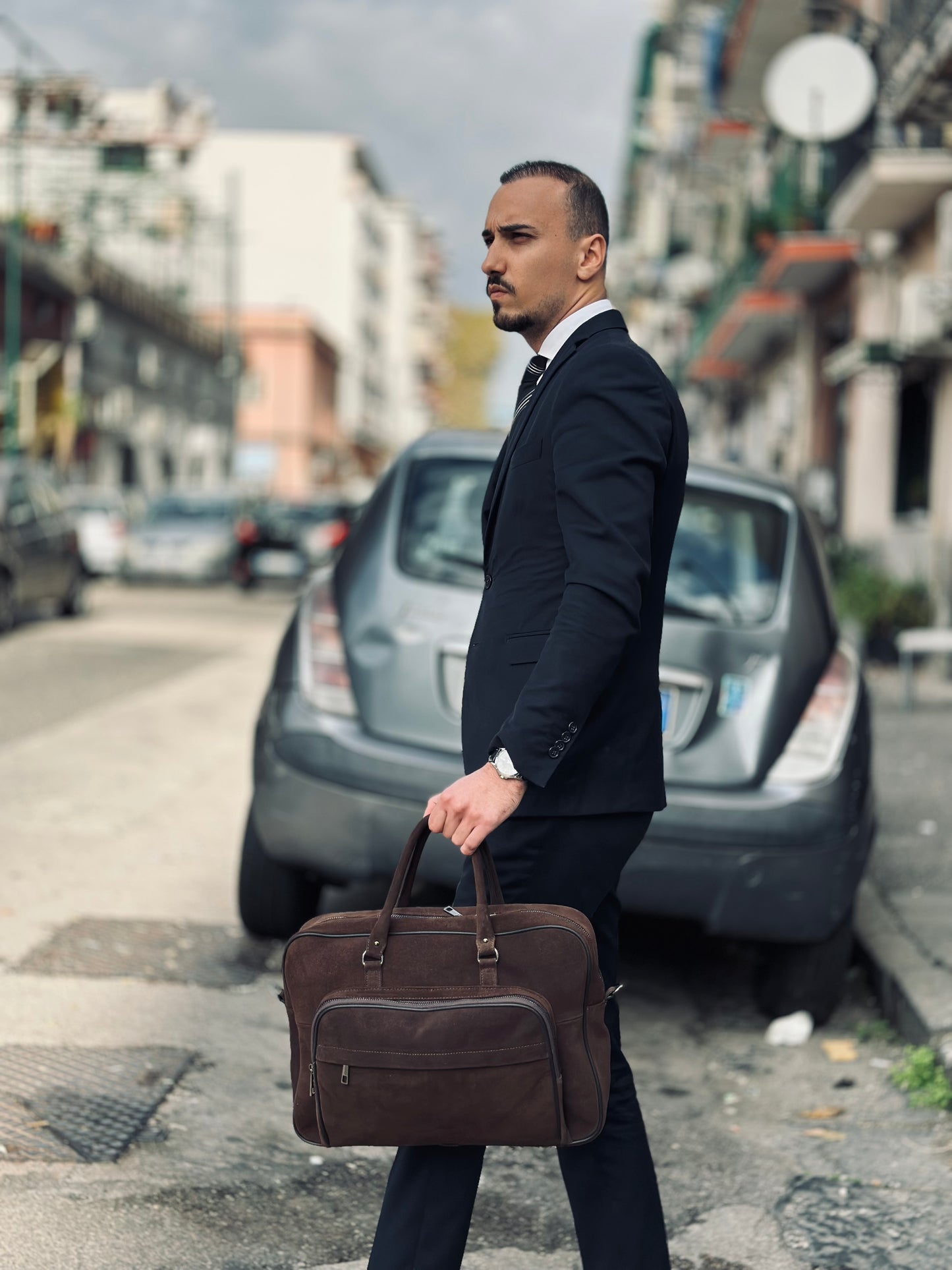 The Odriam Dark Brown Suede Briefcase Bag