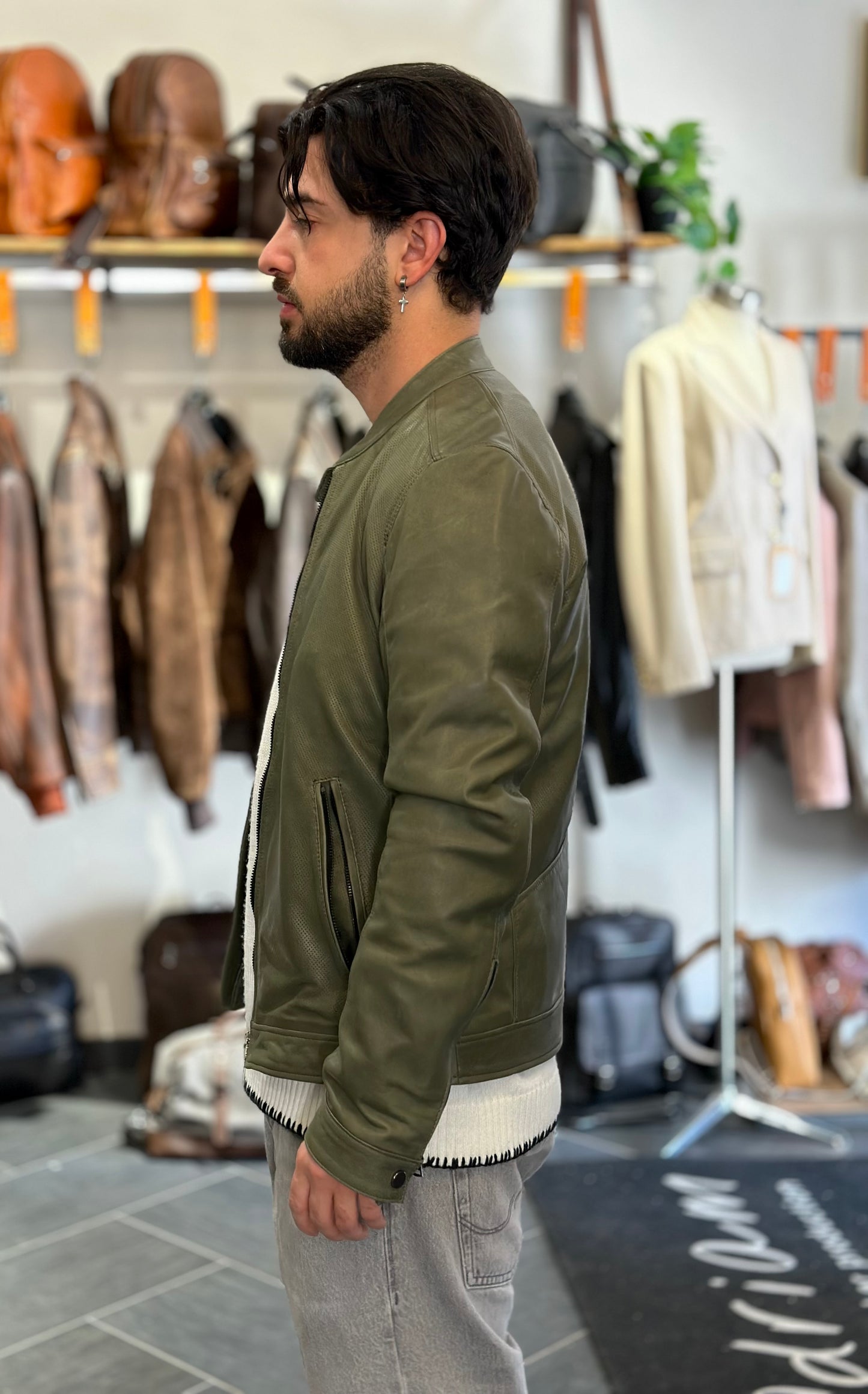 “Biker Rebel” in olive green perforated leather