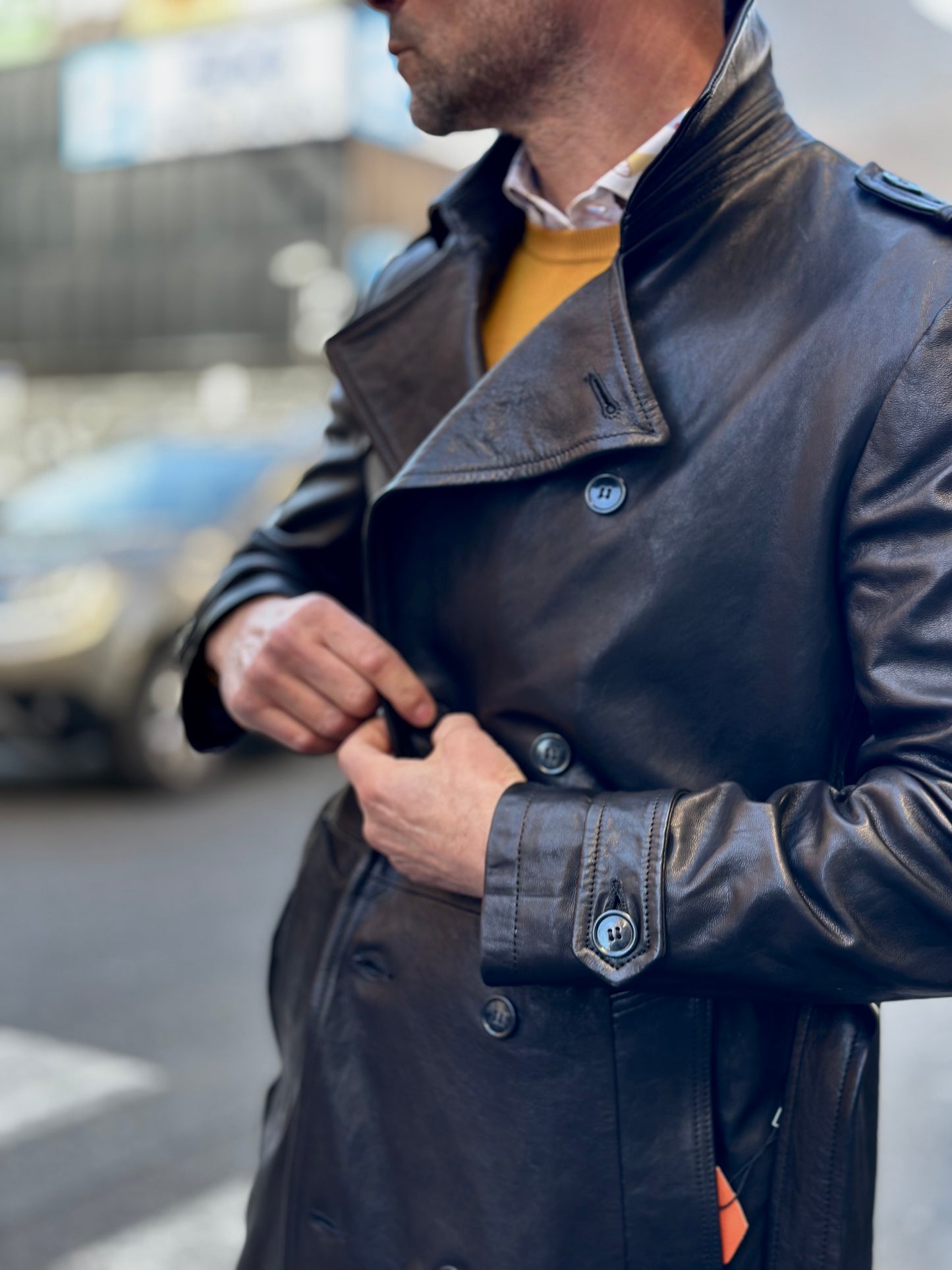 “Heritage Trench” trench coat in washed leather