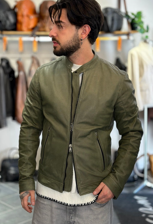 “Biker Rebel” in olive green perforated leather