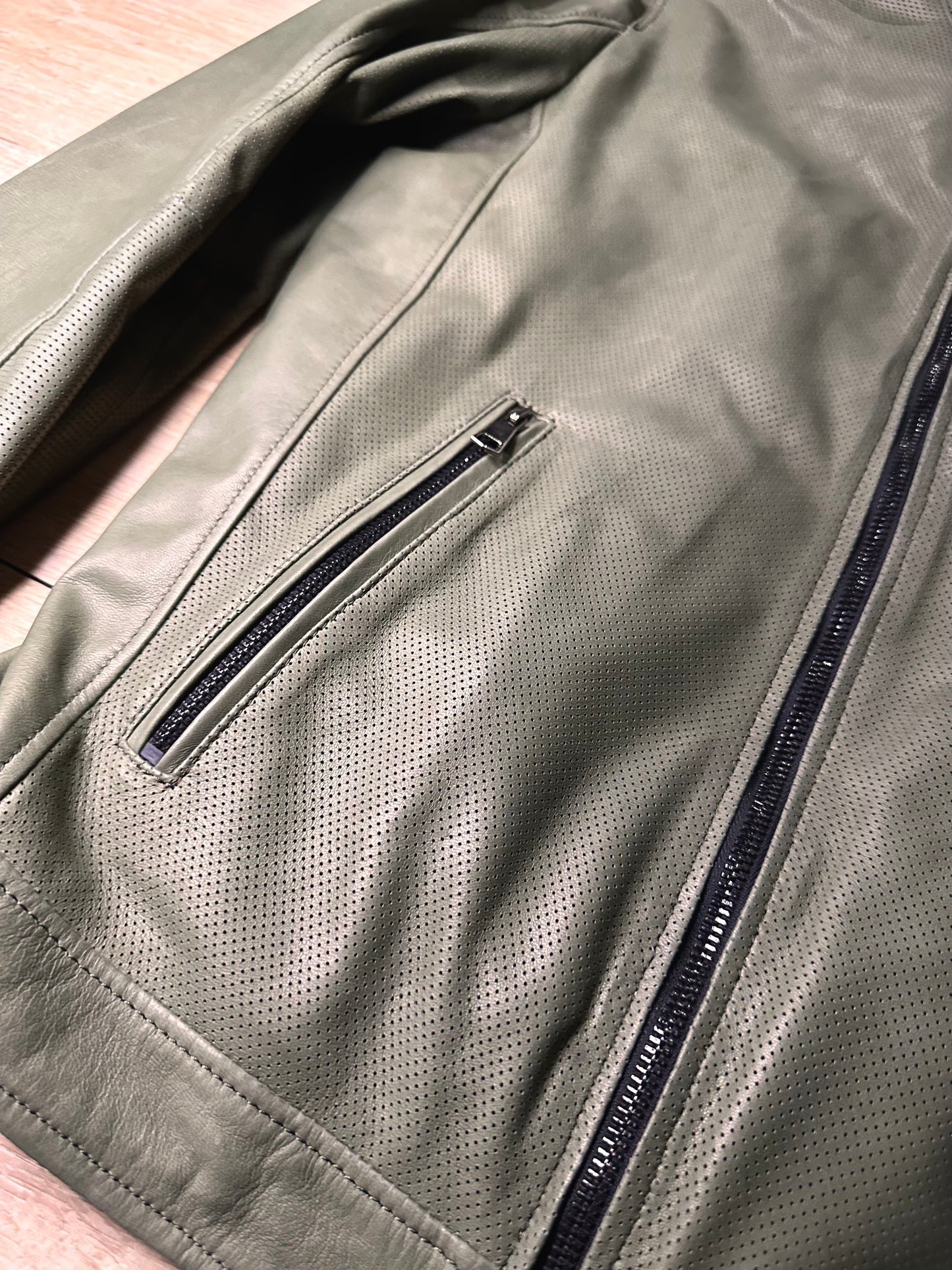 “Biker Rebel” in olive green perforated leather