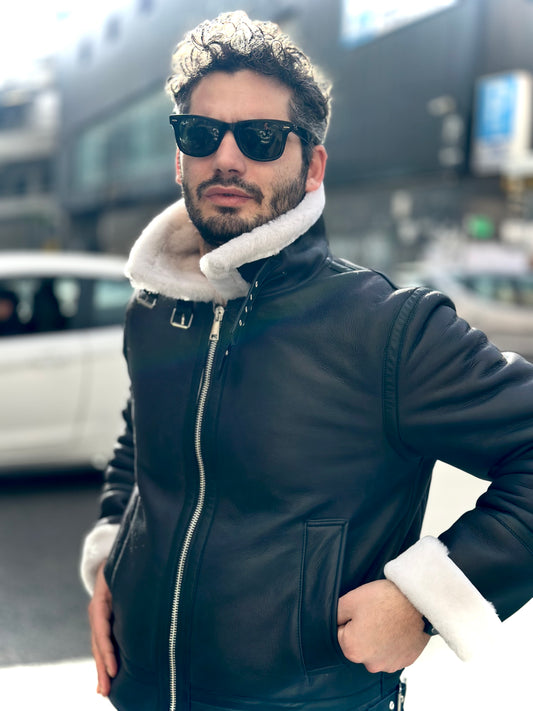 “Aviator Heritage Jacket” Black Sheepskin with White Fur