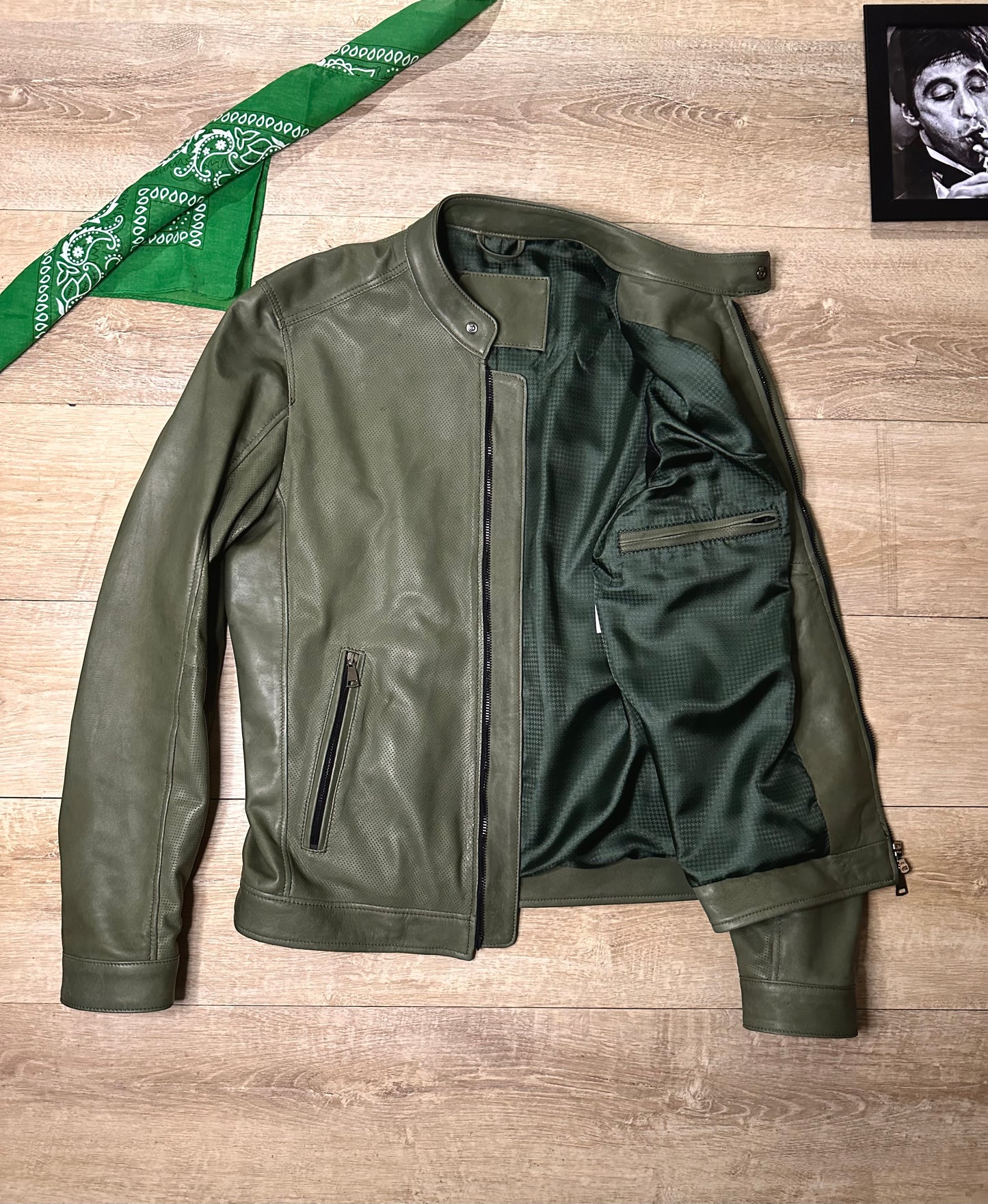 “Biker Rebel” in olive green perforated leather