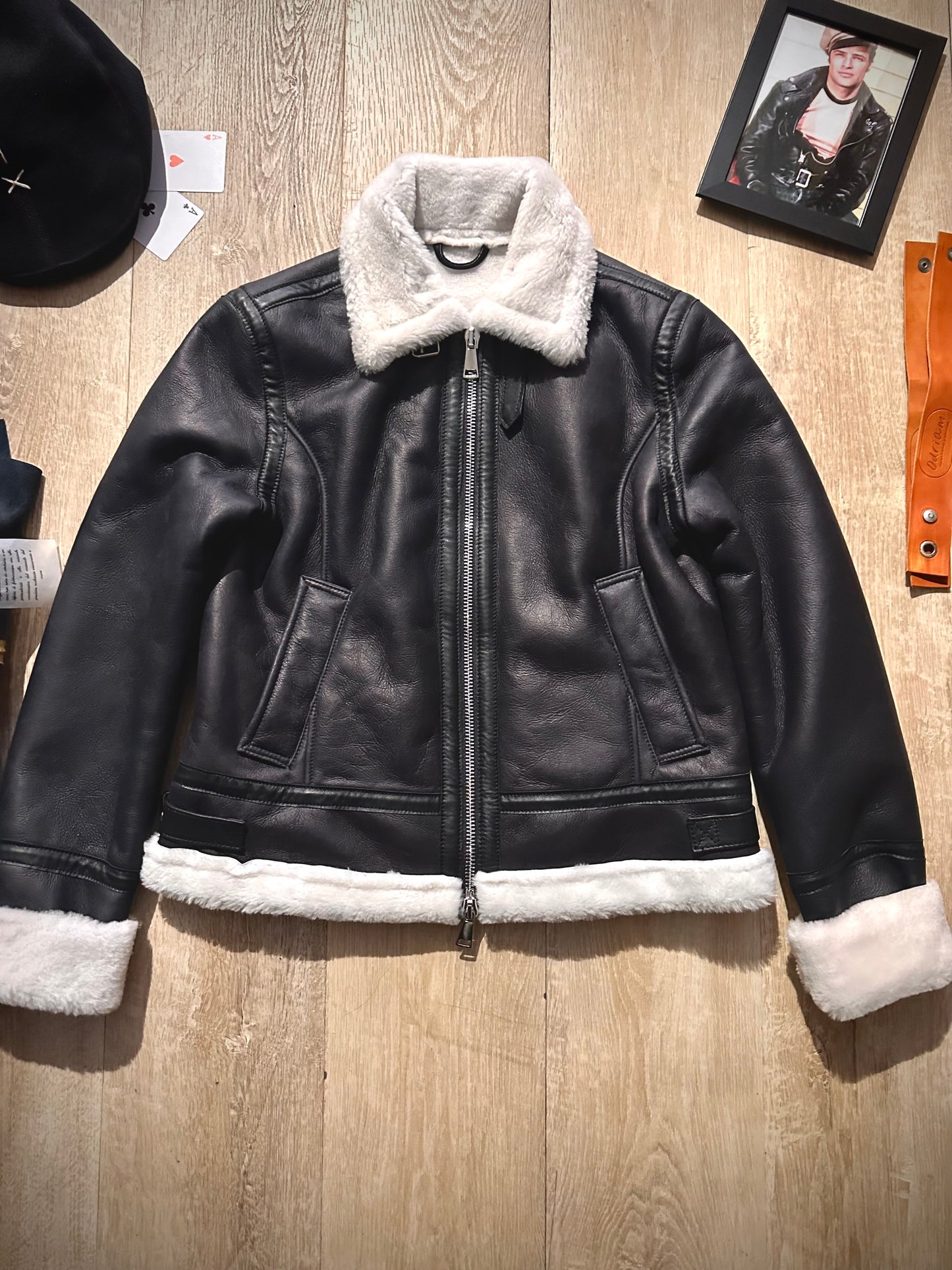 “Locatelli” Black shearling sheepskin with white fur