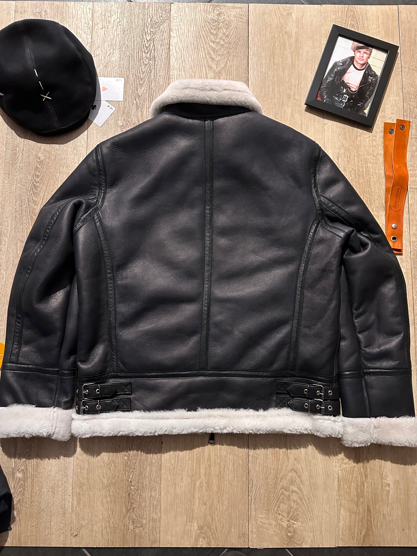 “Aviator Heritage Jacket” Black Sheepskin with White Fur