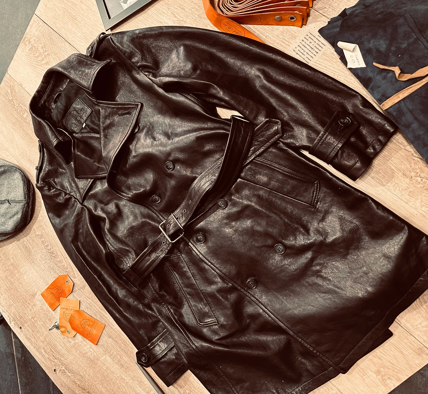 “Heritage Trench” trench coat in washed leather