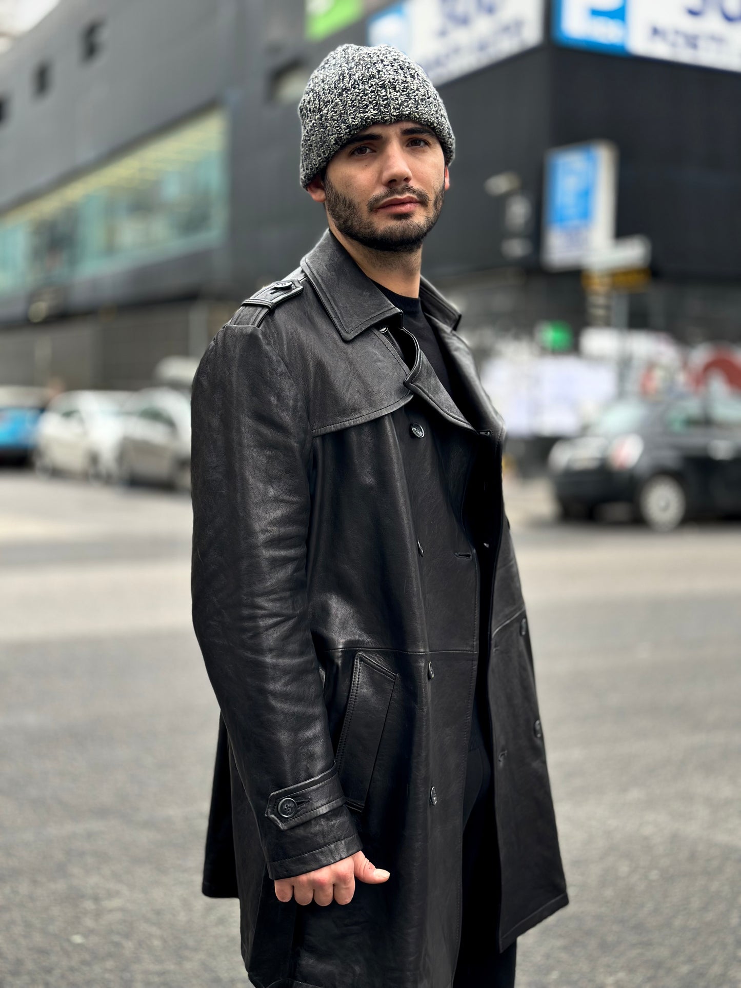 “Heritage Trench” trench coat in washed leather