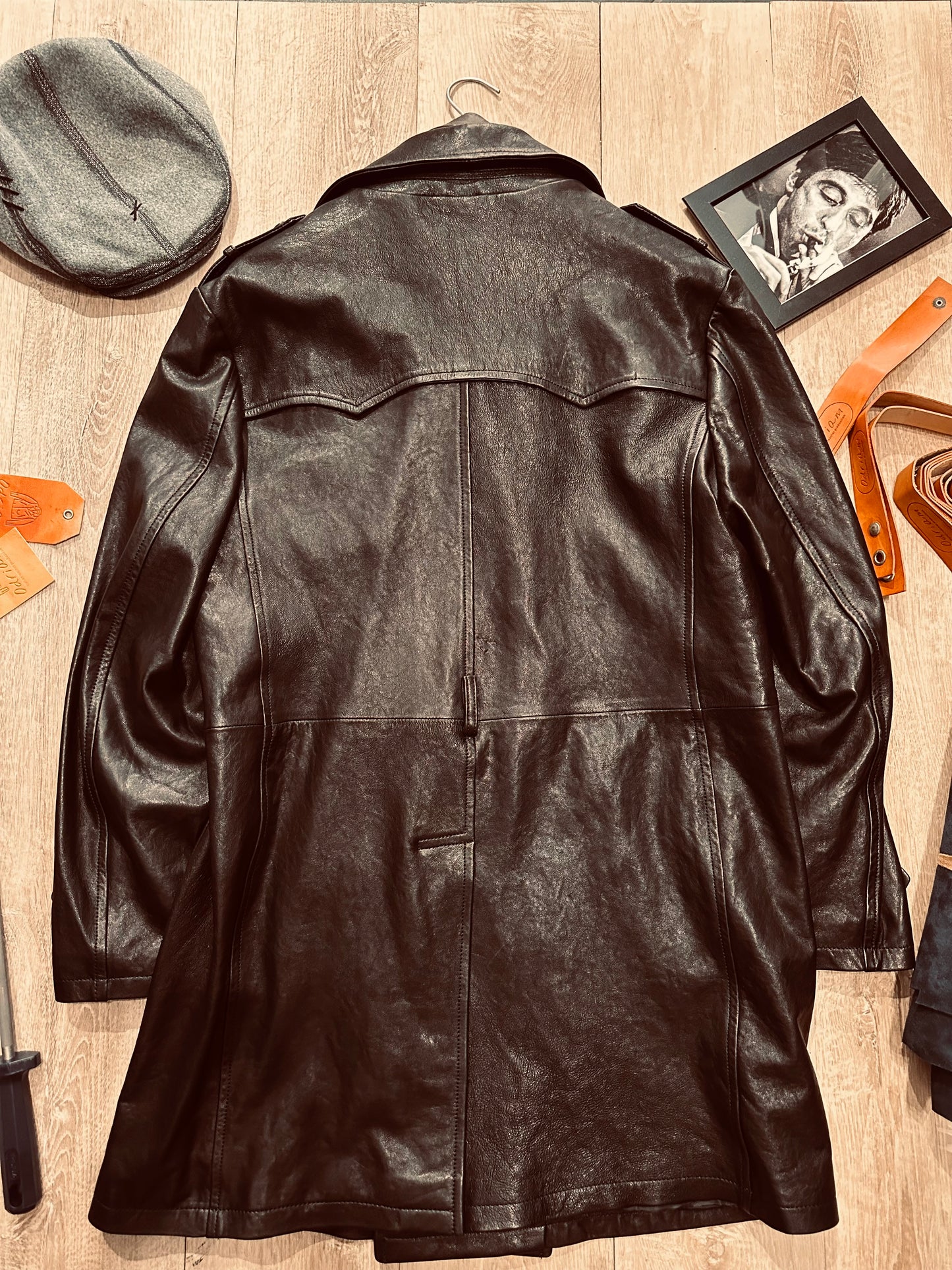 “Heritage Trench” trench coat in washed leather