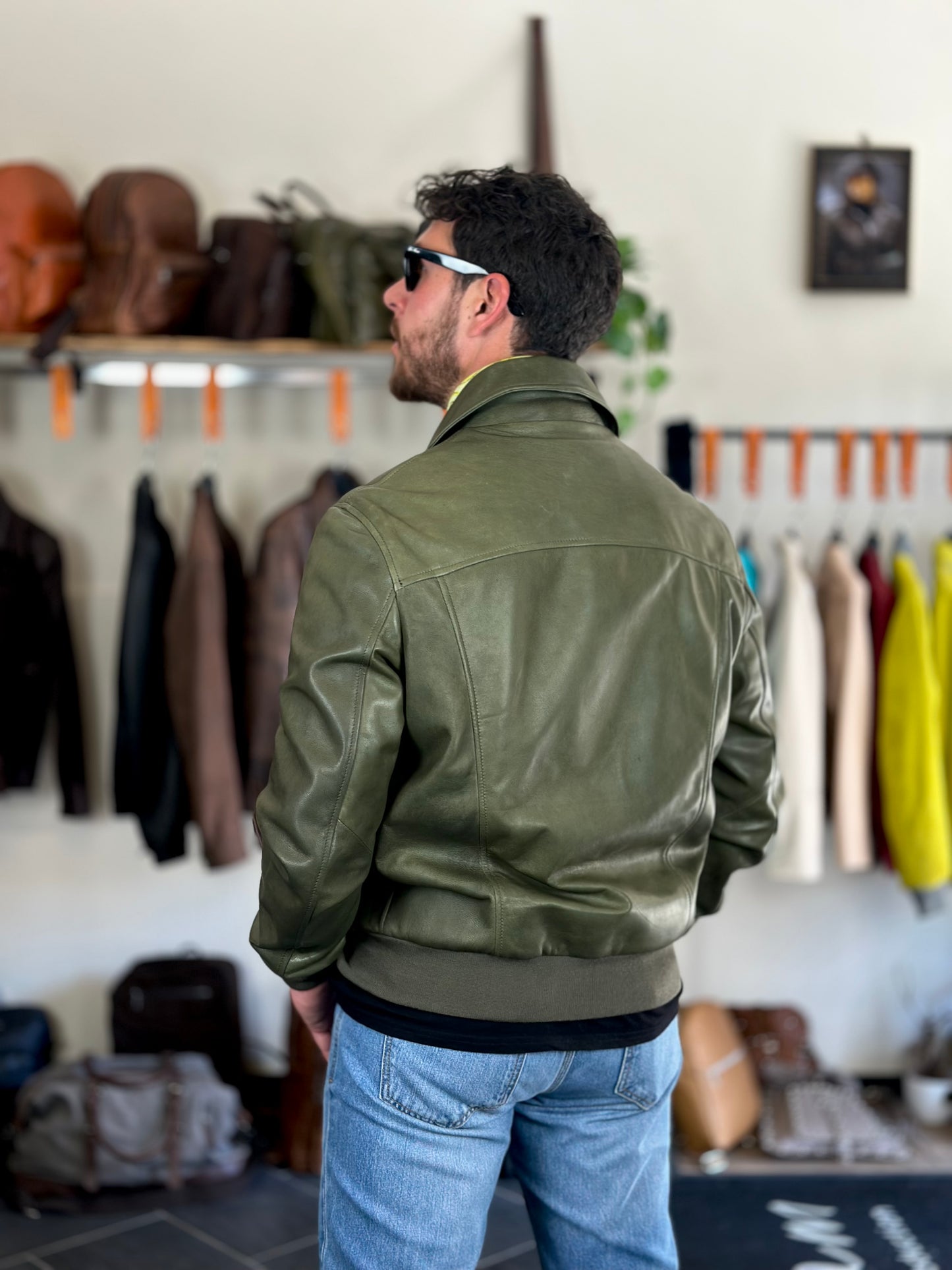 Hand-stamped green “Vesuvio Jacket” (Friso pocket version)