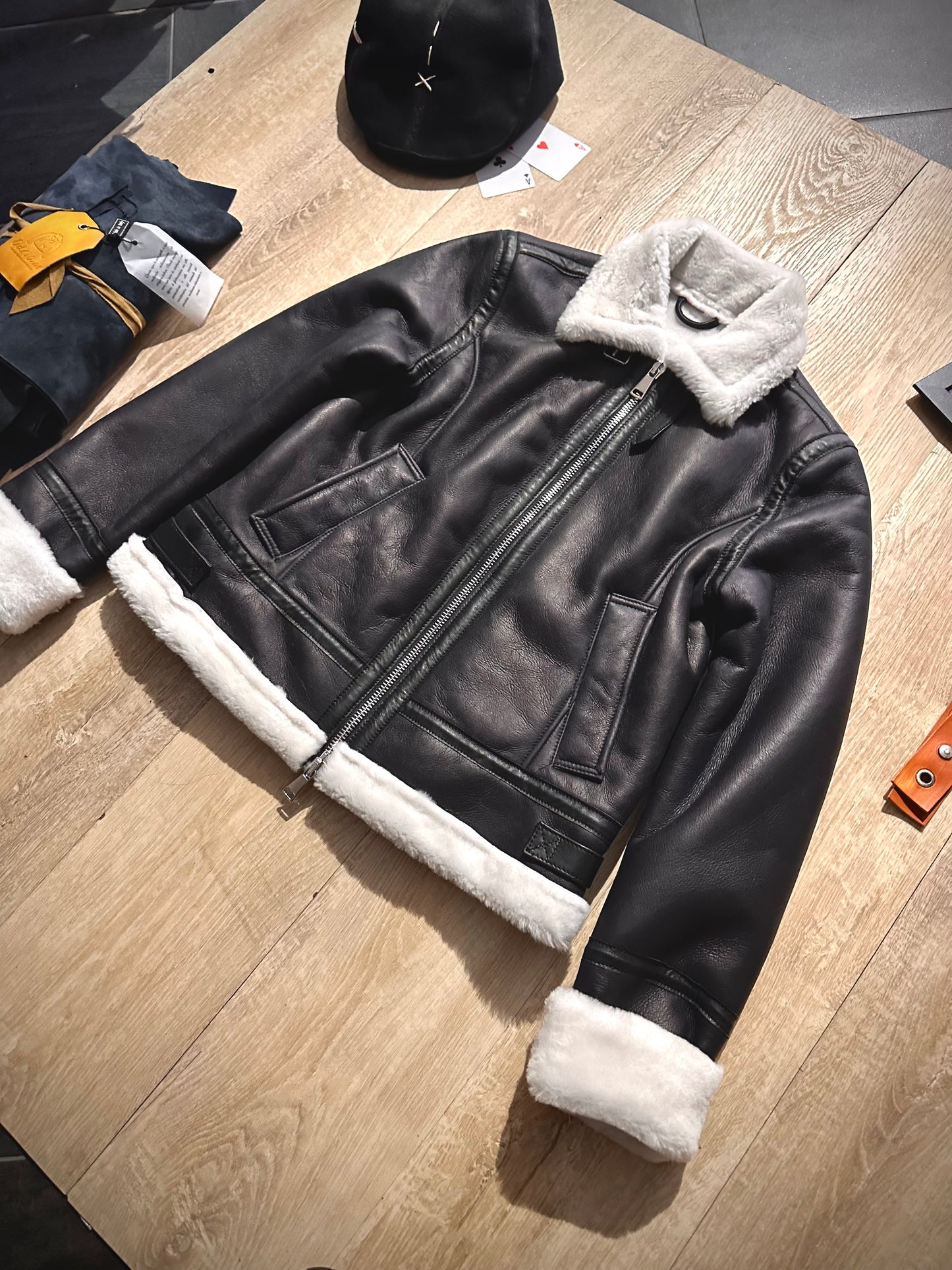 “Locatelli” Black shearling sheepskin with white fur