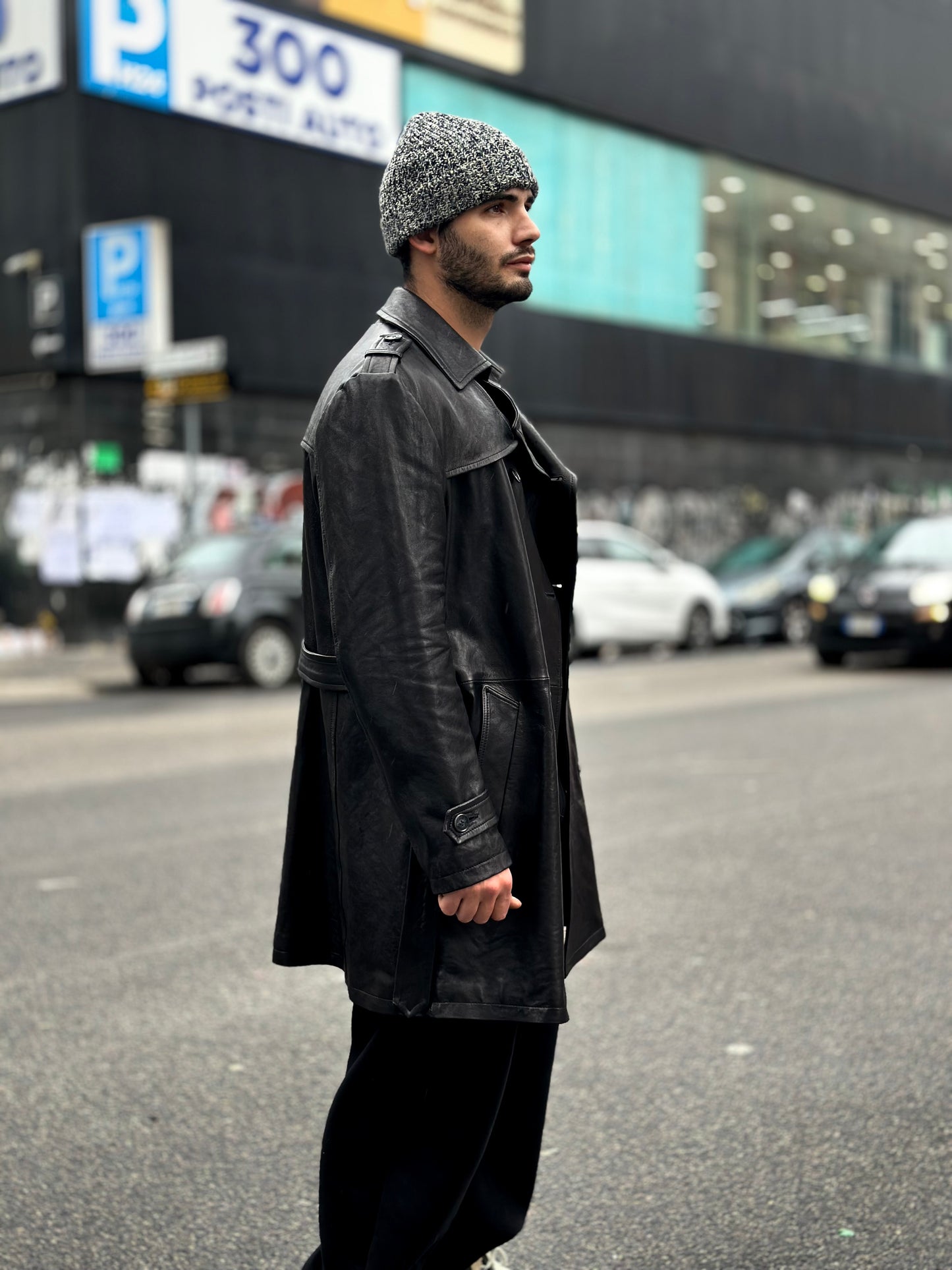 “Heritage Trench” trench coat in washed leather