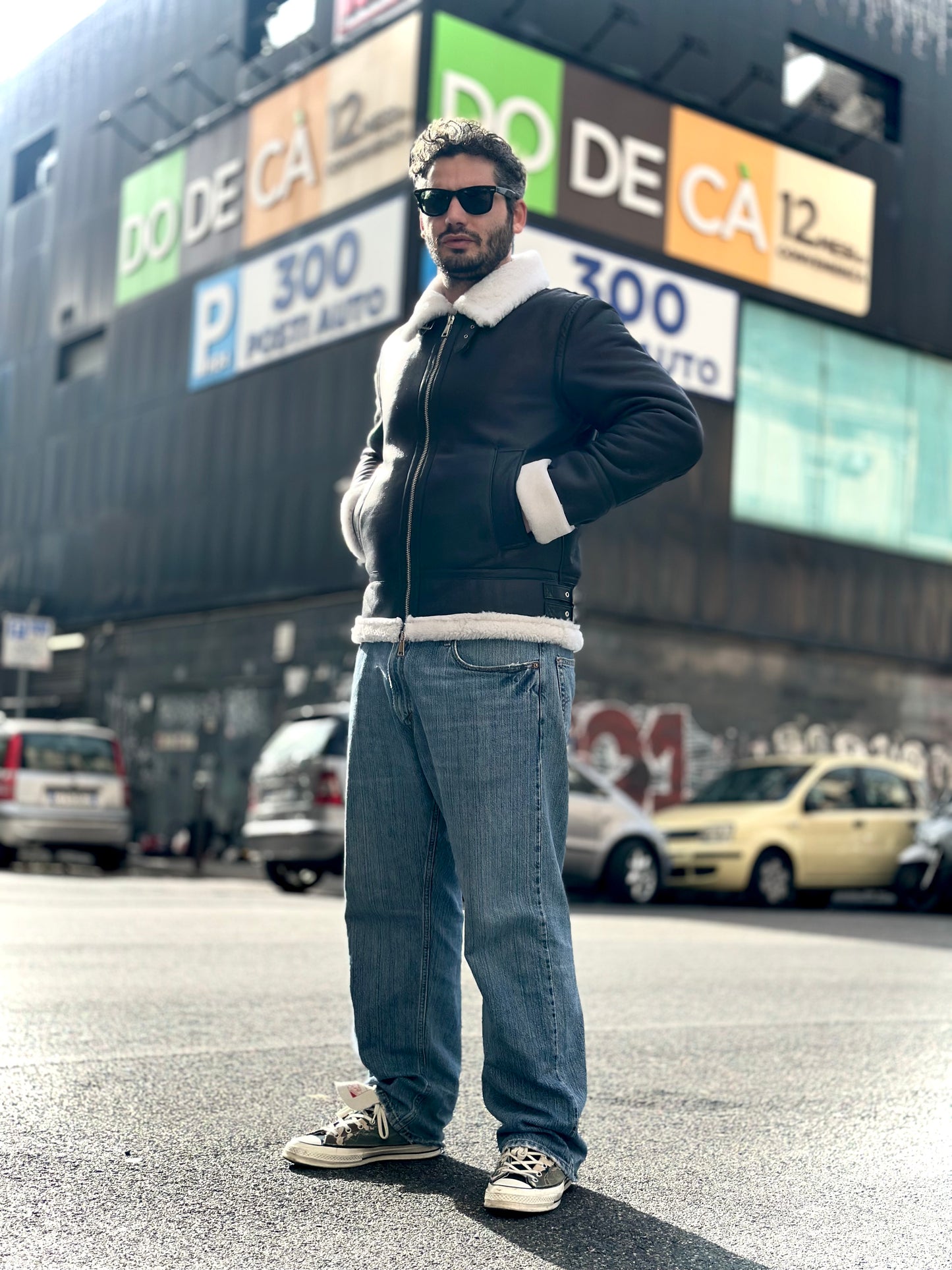 “Aviator Heritage Jacket” Black Sheepskin with White Fur