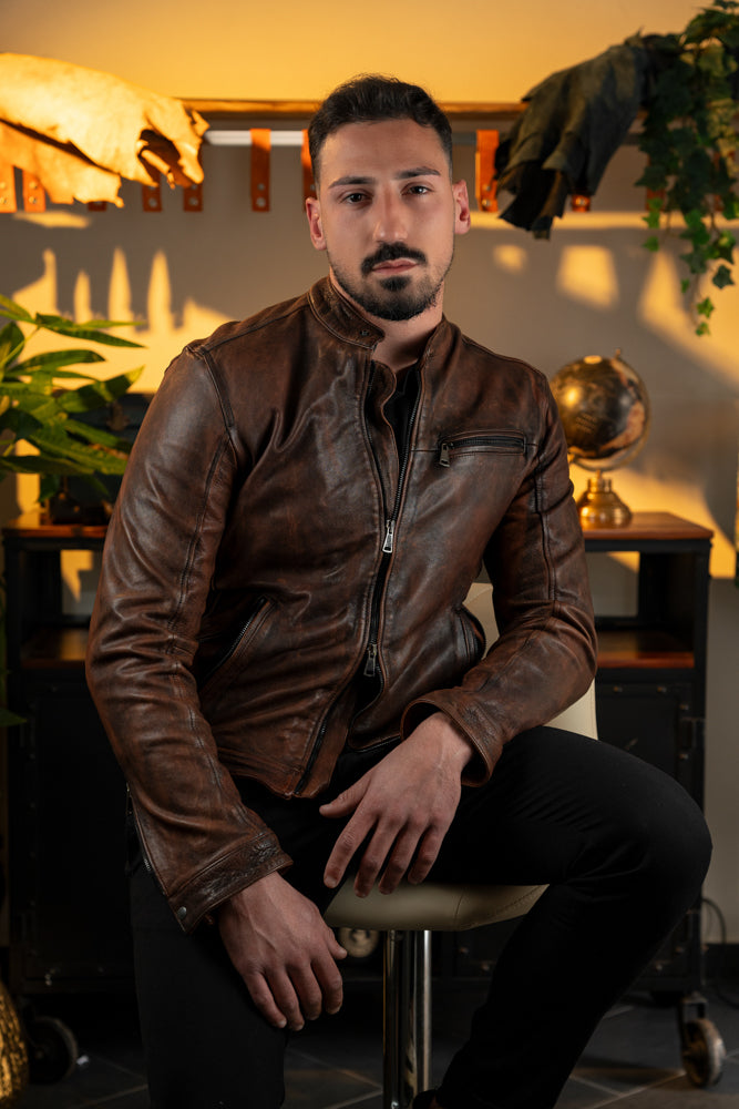 “Biker Rebel" Washed and Dyed Leather Biker Jacket