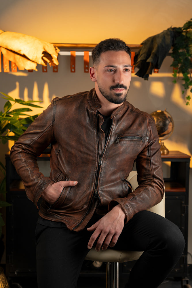 “Biker Rebel" Washed and Dyed Leather Biker Jacket