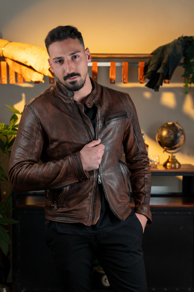 “Biker Rebel" Washed and Dyed Leather Biker Jacket