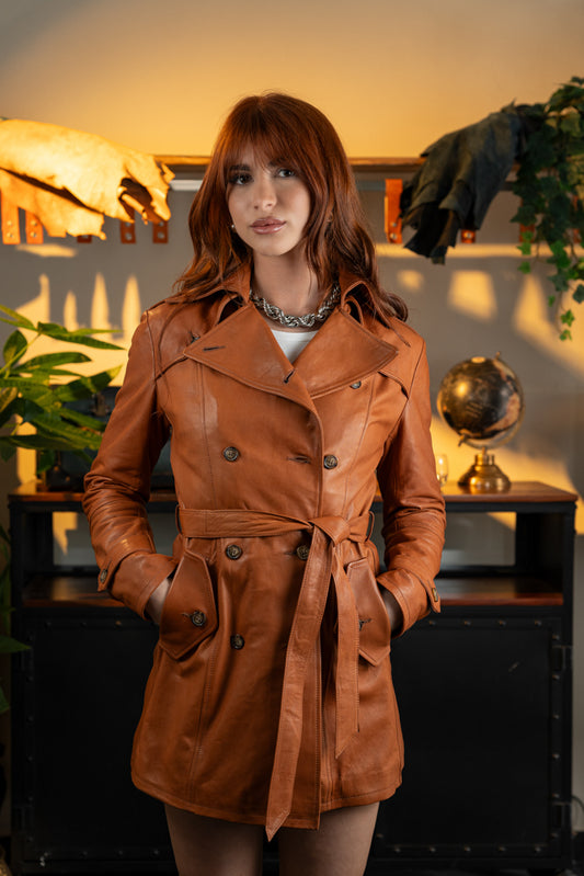 “Marchesa” Trench Coat in Very Soft Cognac Leather