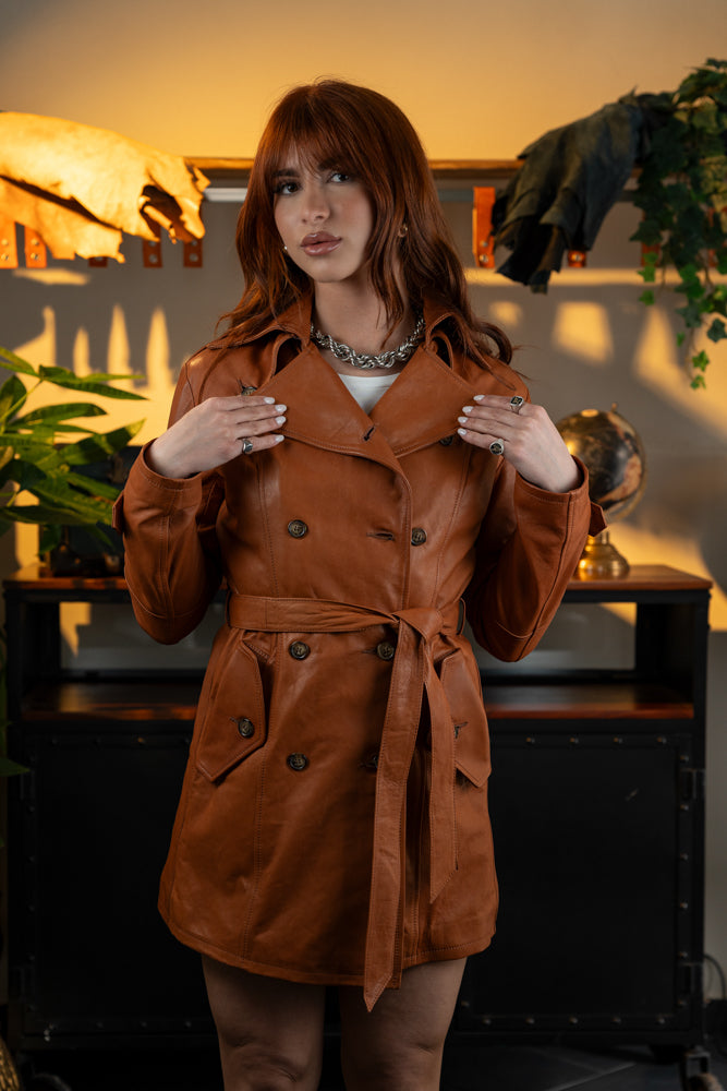 “Marchesa” Trench Coat in Very Soft Cognac Leather