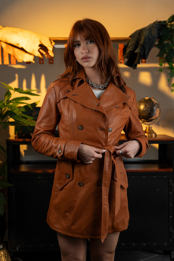 “Marchesa” Trench Coat in Very Soft Cognac Leather