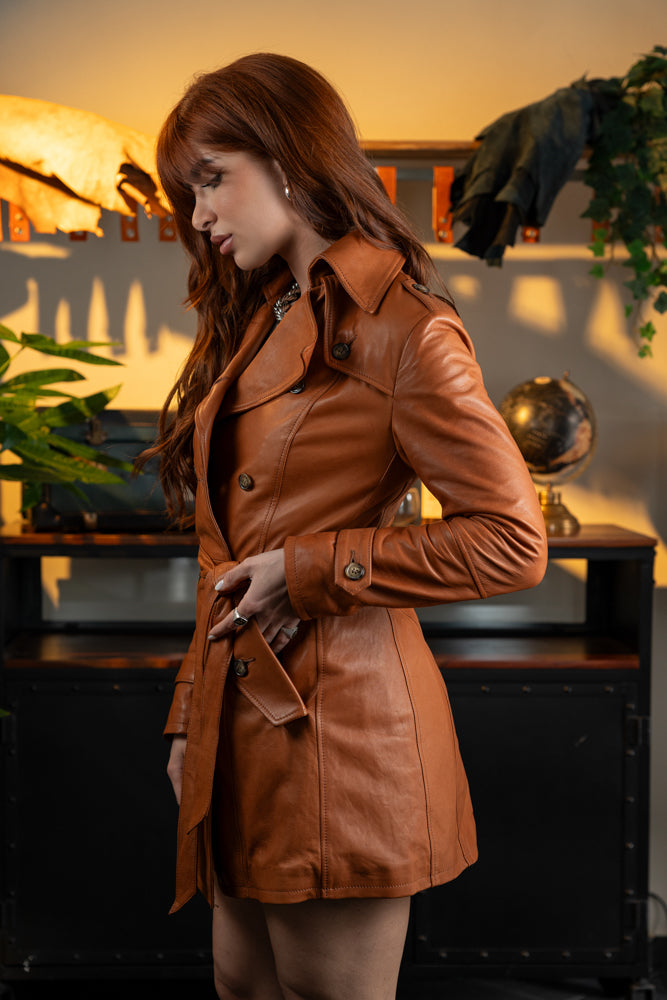 “Marchesa” Trench Coat in Very Soft Cognac Leather