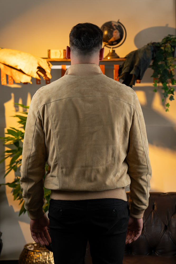"Brera" Suede Bomber Jacket with Zip in Light Beige