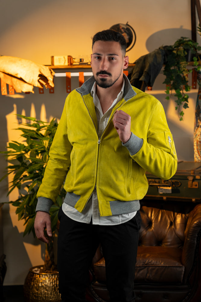 Blouson aviateur en daim « Brera » avec fermeture éclair, couleur citron vert