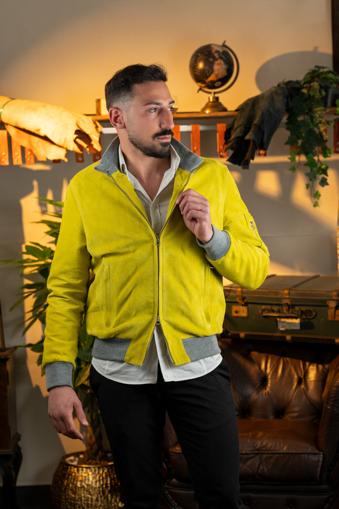 Blouson aviateur en daim « Brera » avec fermeture éclair, couleur citron vert