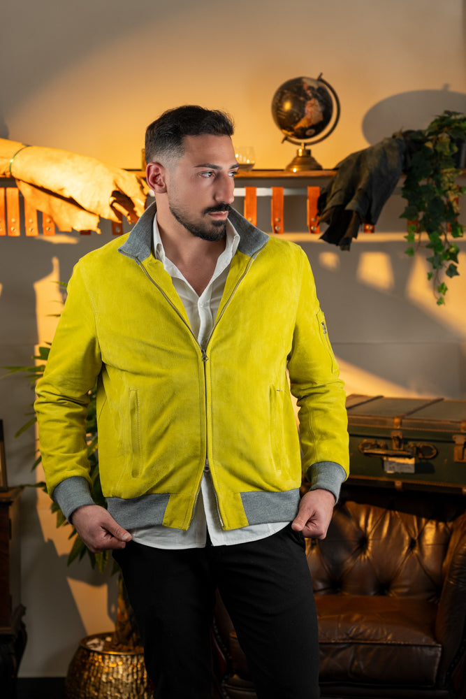 Blouson aviateur en daim « Brera » avec fermeture éclair, couleur citron vert