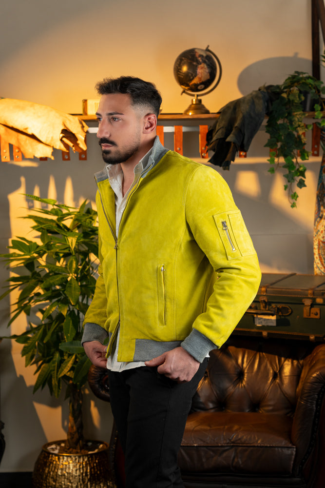 Blouson aviateur en daim « Brera » avec fermeture éclair, couleur citron vert