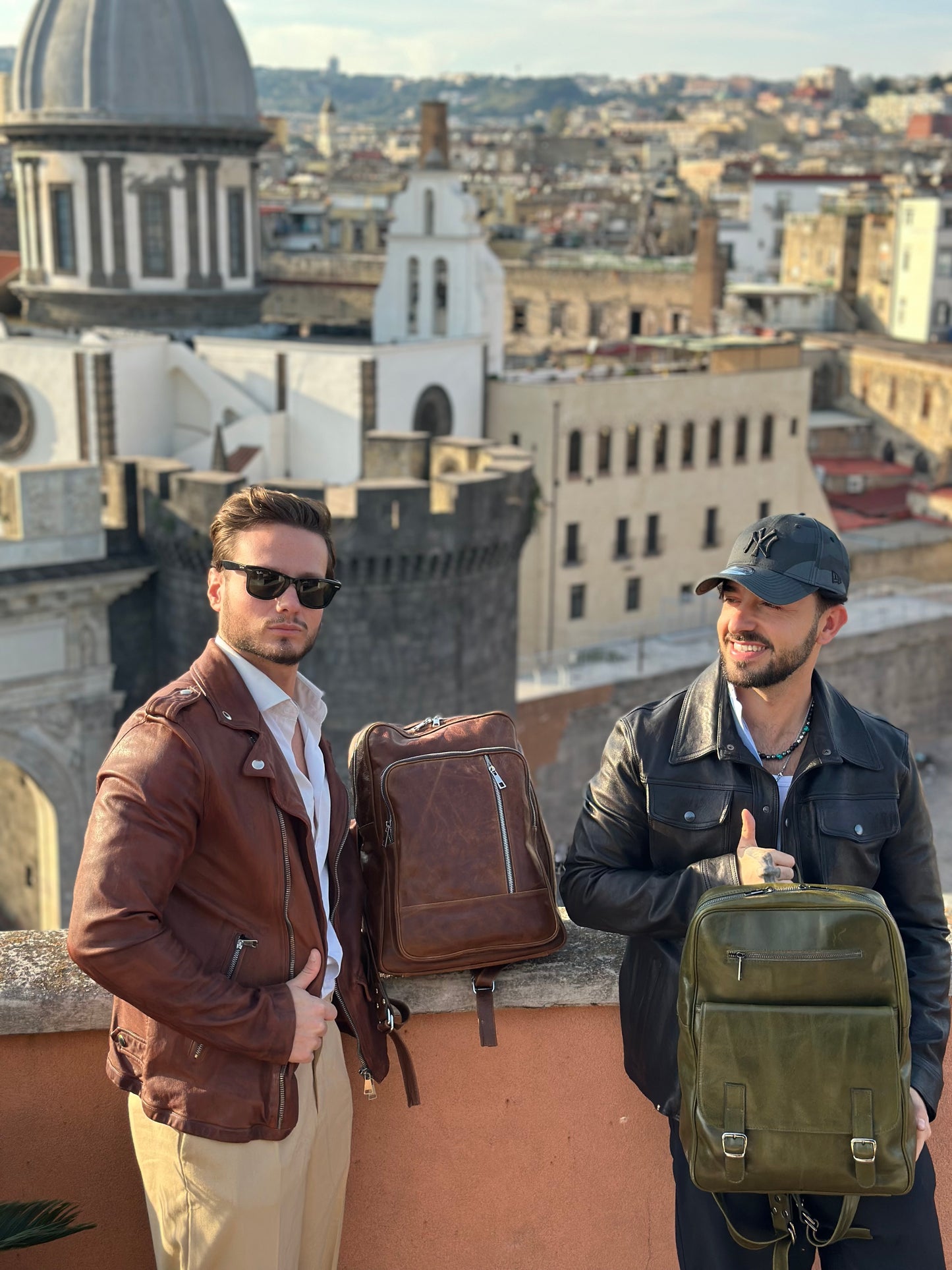 “Verdevento” backpack in olive green genuine vegetable leather