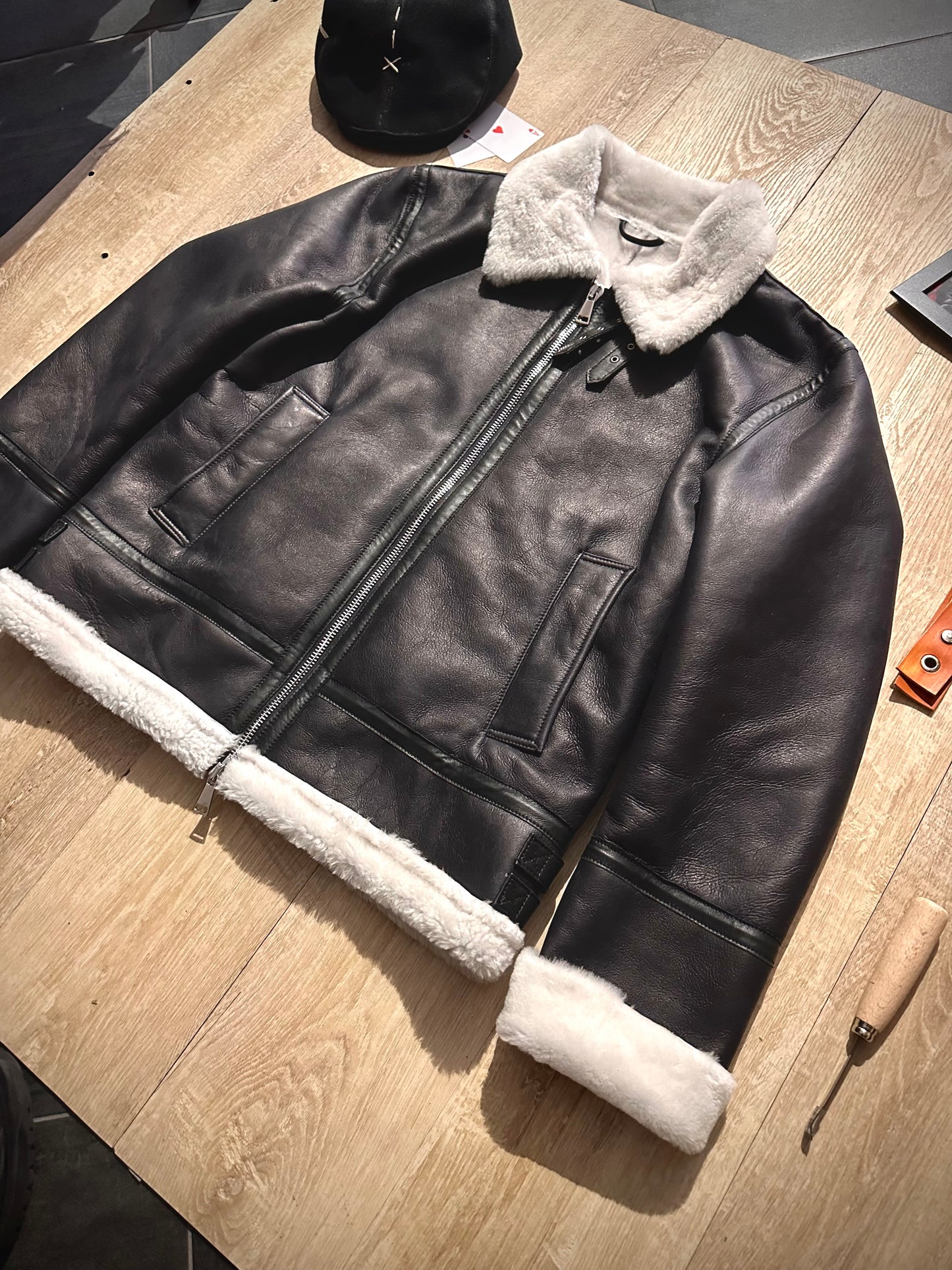 “Aviator Heritage Jacket” Black Sheepskin with White Fur