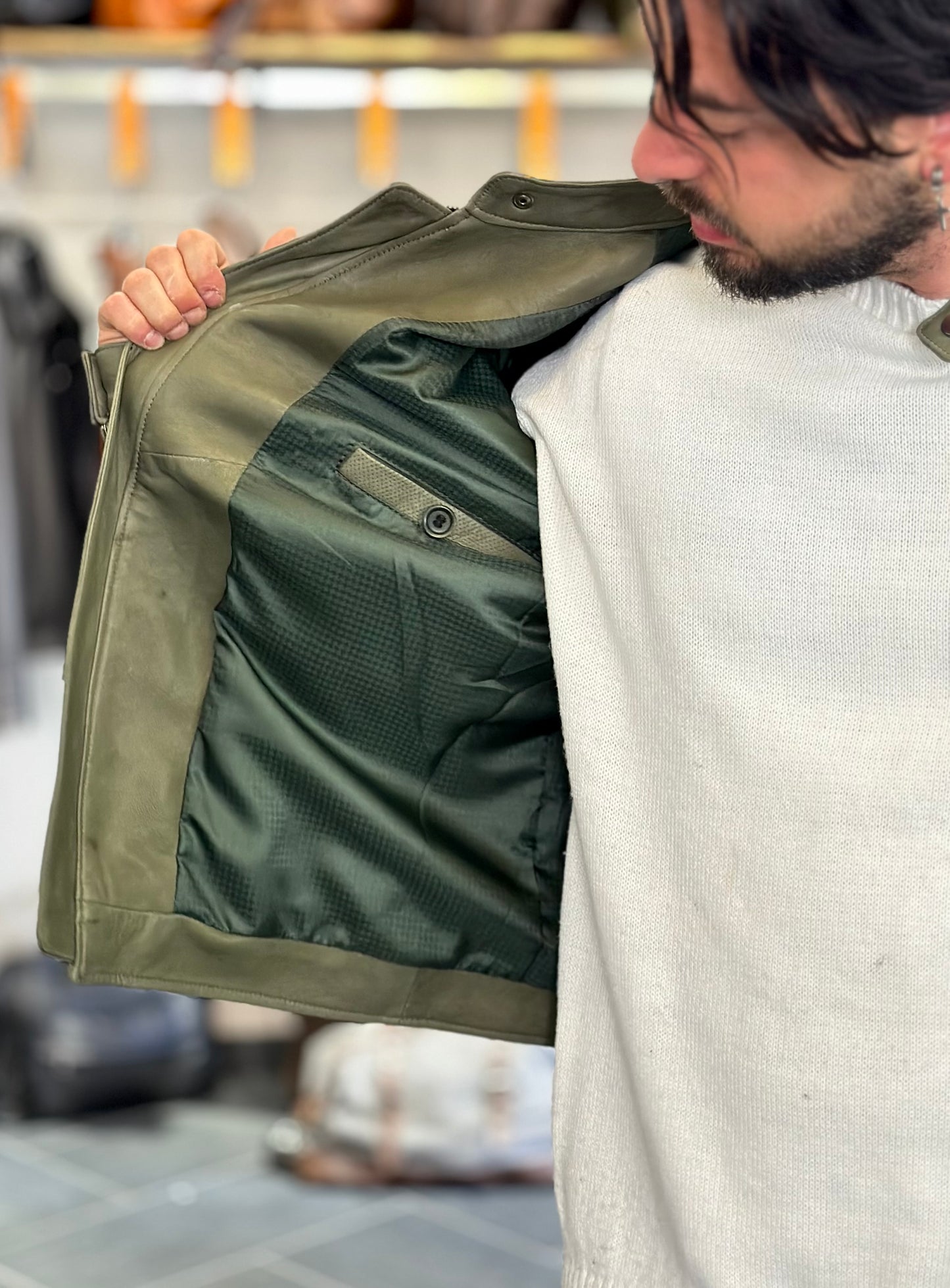 “Biker Rebel” in olive green perforated leather