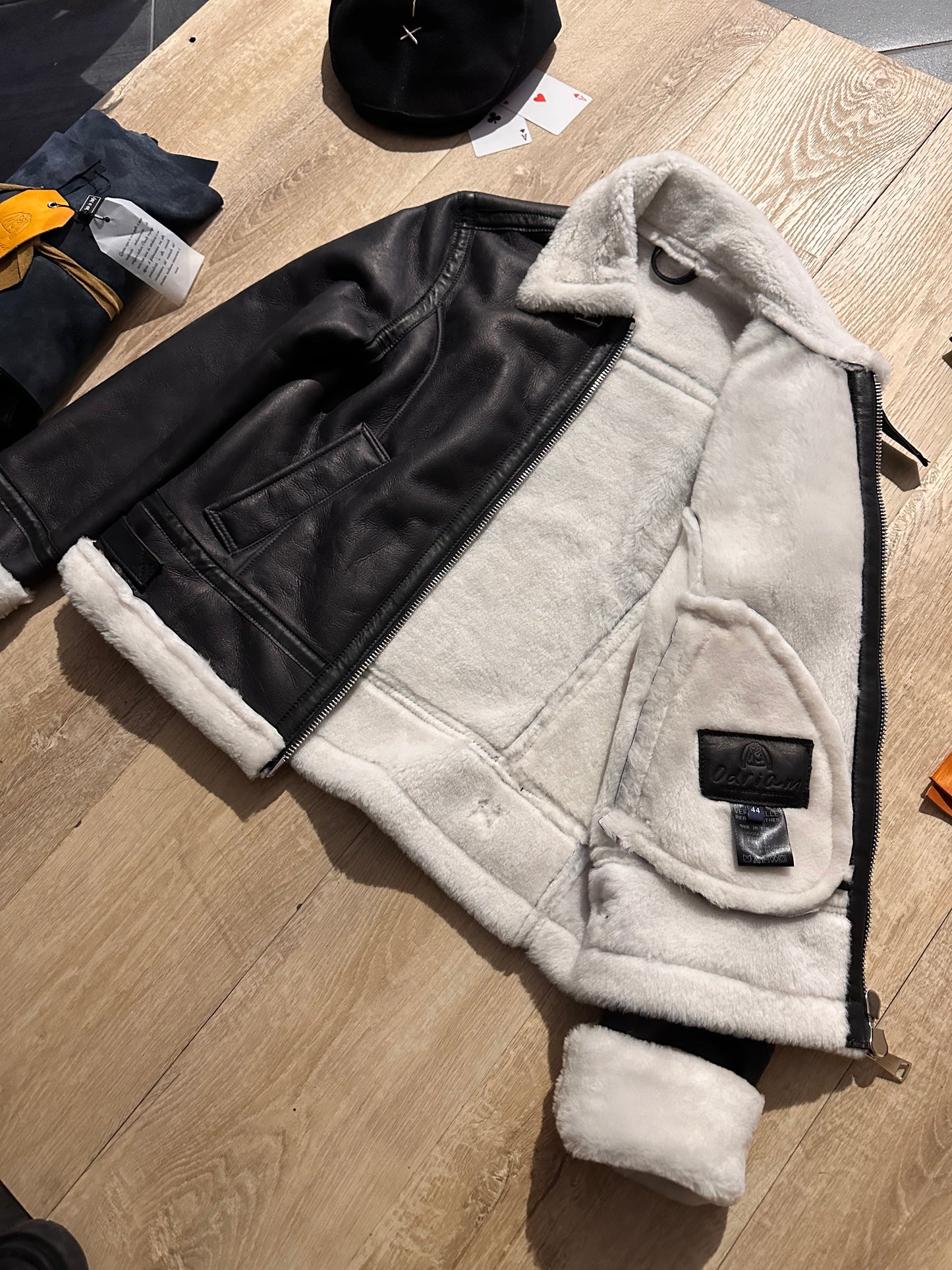 “Locatelli” Black shearling sheepskin with white fur