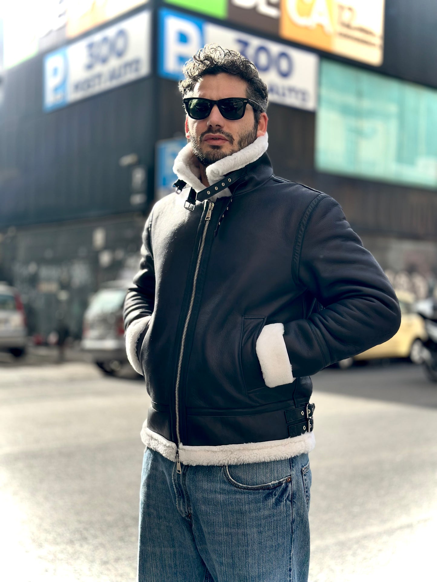“Aviator Heritage Jacket” Black Sheepskin with White Fur