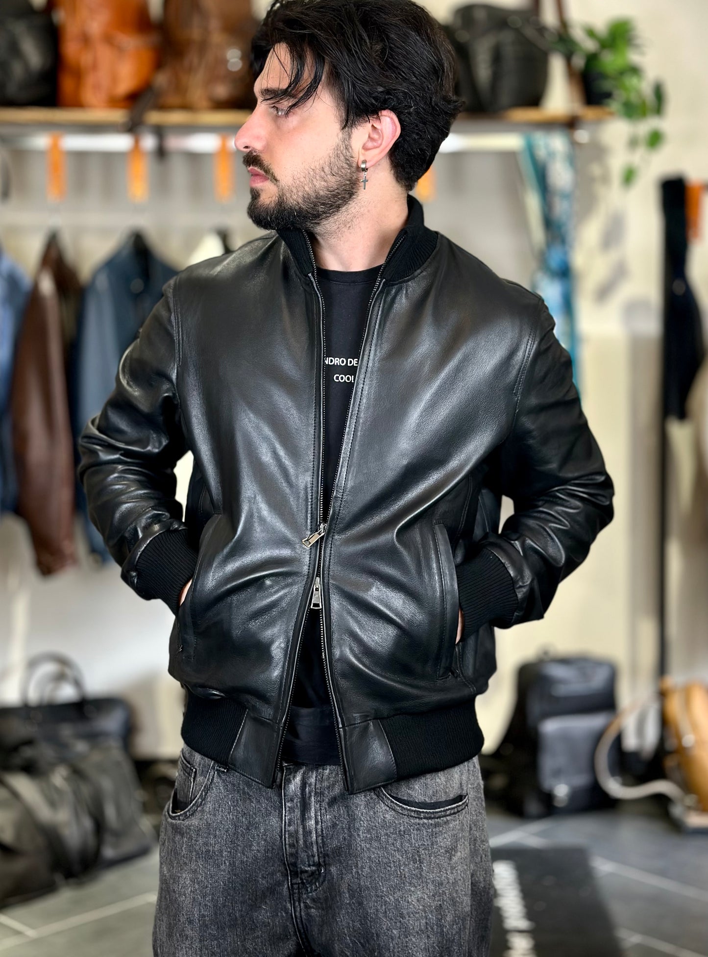 Veste en cuir d'agneau véritable extra-doux « Brera » avec fermeture éclair