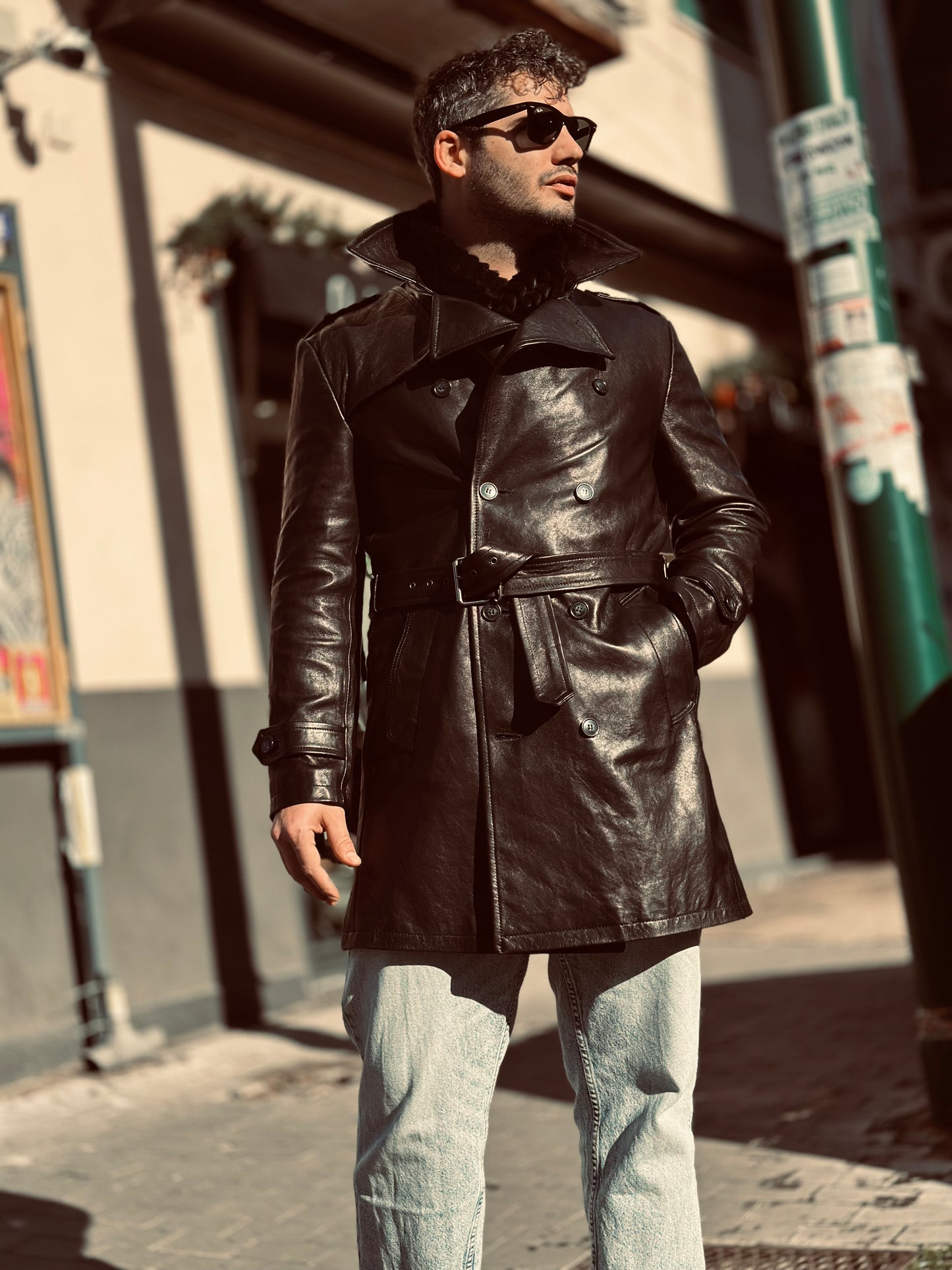 “Heritage Trench” trench coat in washed leather