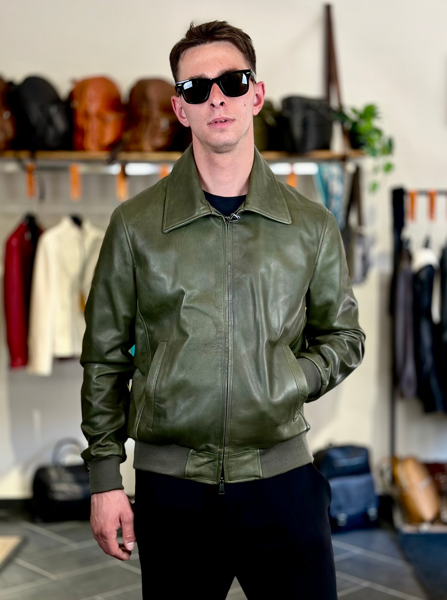 Hand-stamped green “Vesuvio Jacket” (Friso pocket version)