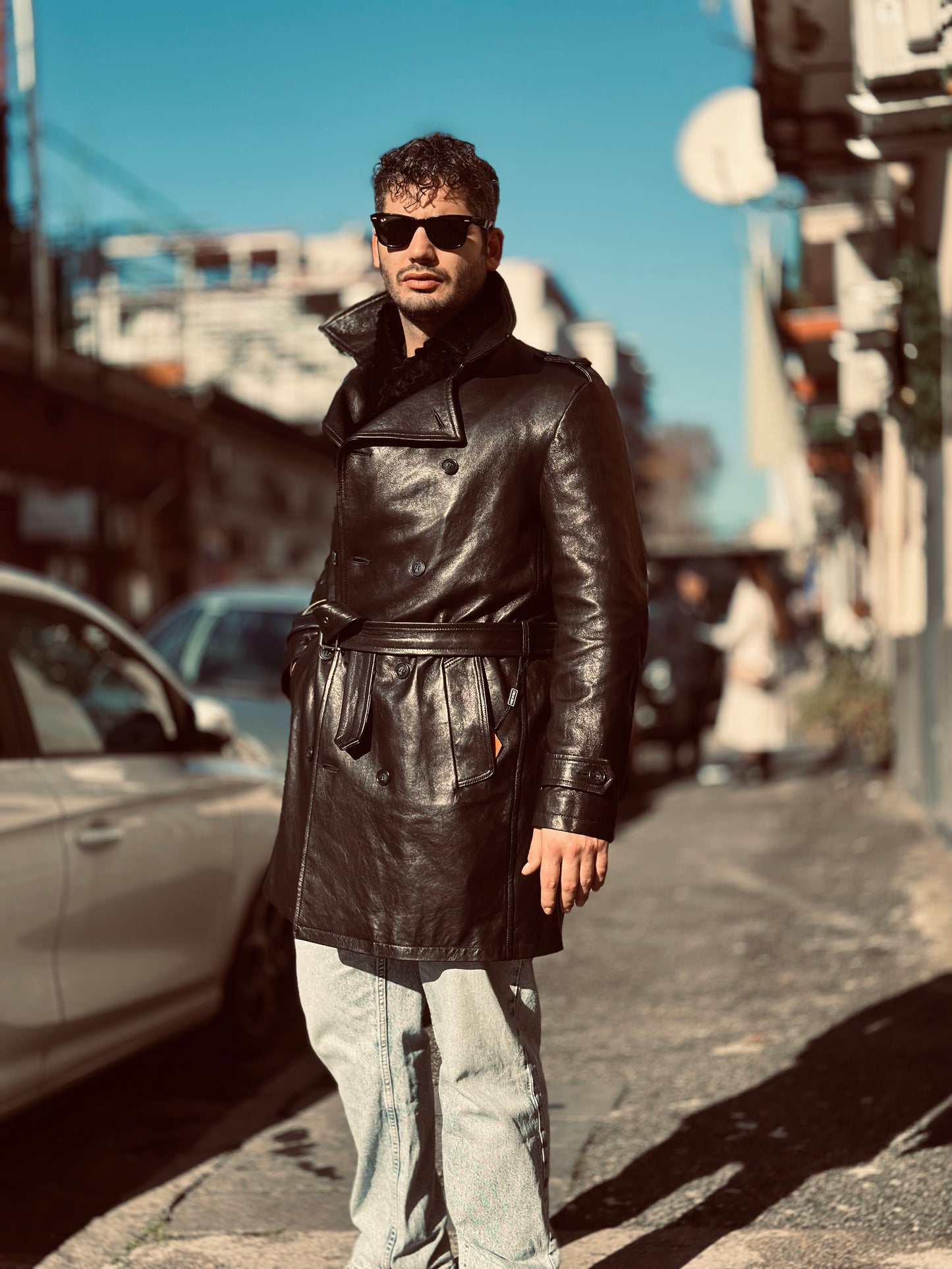 “Heritage Trench” trench coat in washed leather