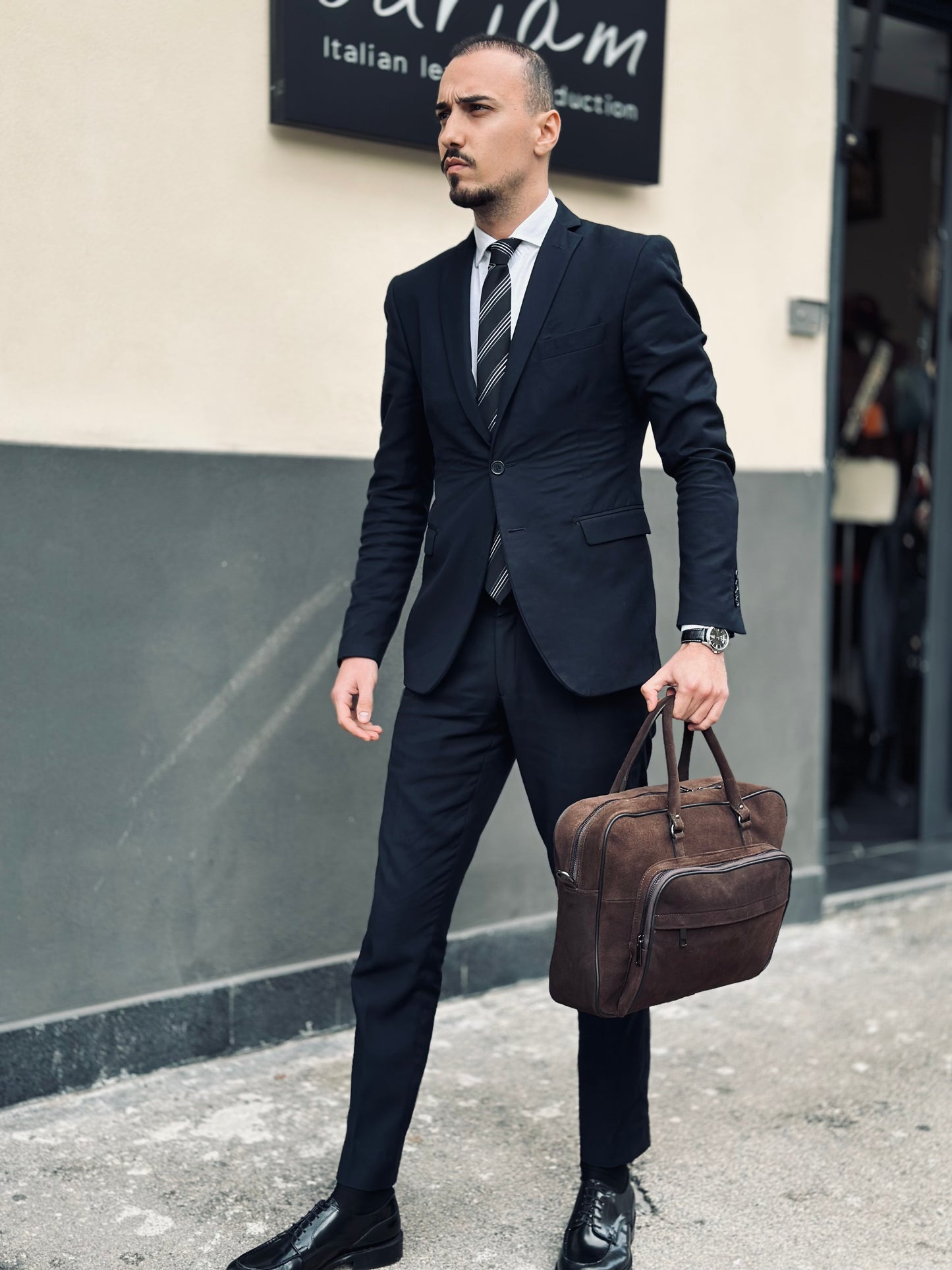 The Odriam Dark Brown Suede Briefcase Bag