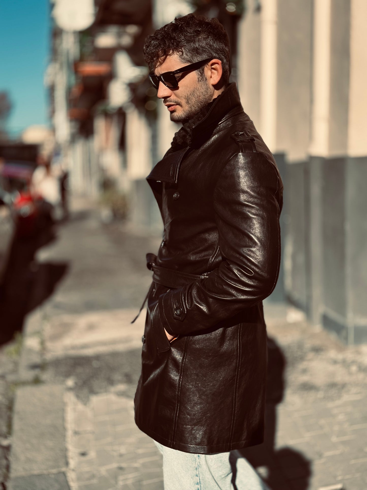 “Heritage Trench” trench coat in washed leather