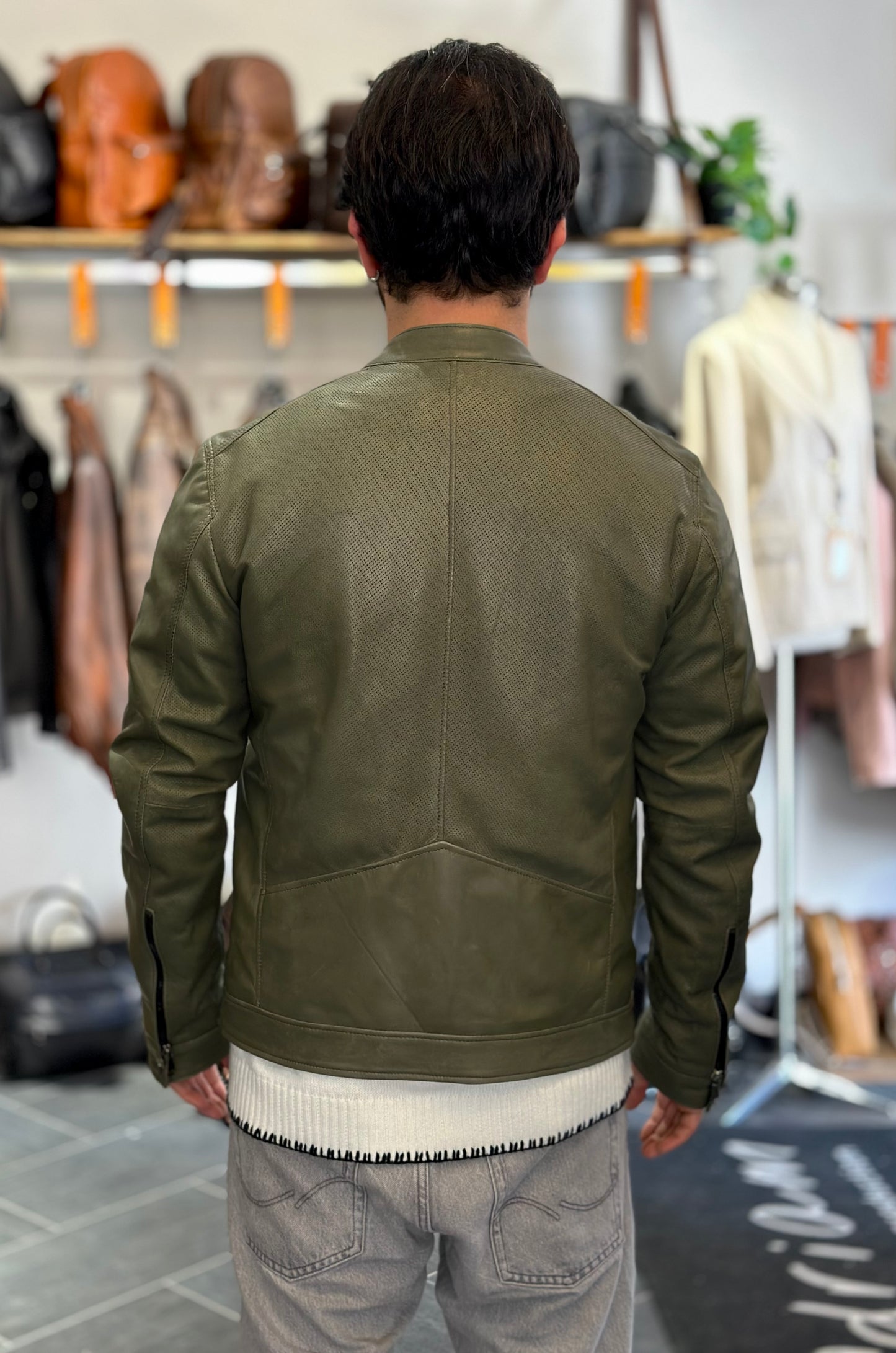 “Biker Rebel” in olive green perforated leather