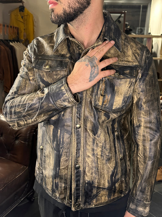 “Custom Edge” customized vintage effect leather shirt jacket