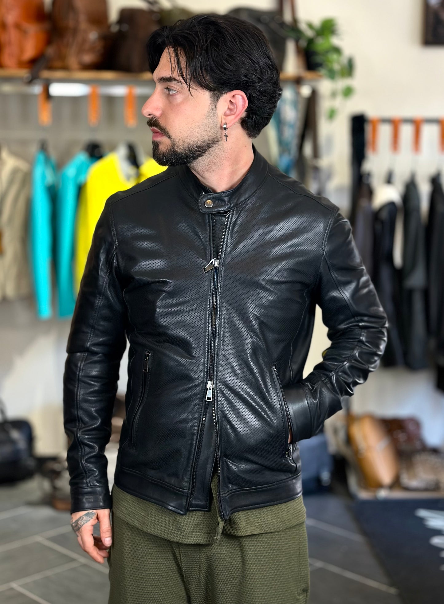 “Biker Rebel” perforated leather black map