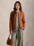 Giacca biker in pelle donna "Perla" — scollato cognac
