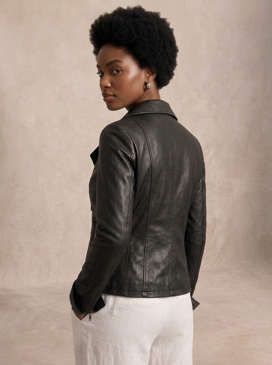 Giacca biker in pelle donna "Perla" — nappa nera