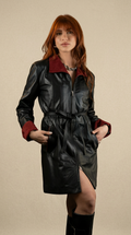 "Betty" Coat in Black Nappa Leather and Bordeaux Contrast