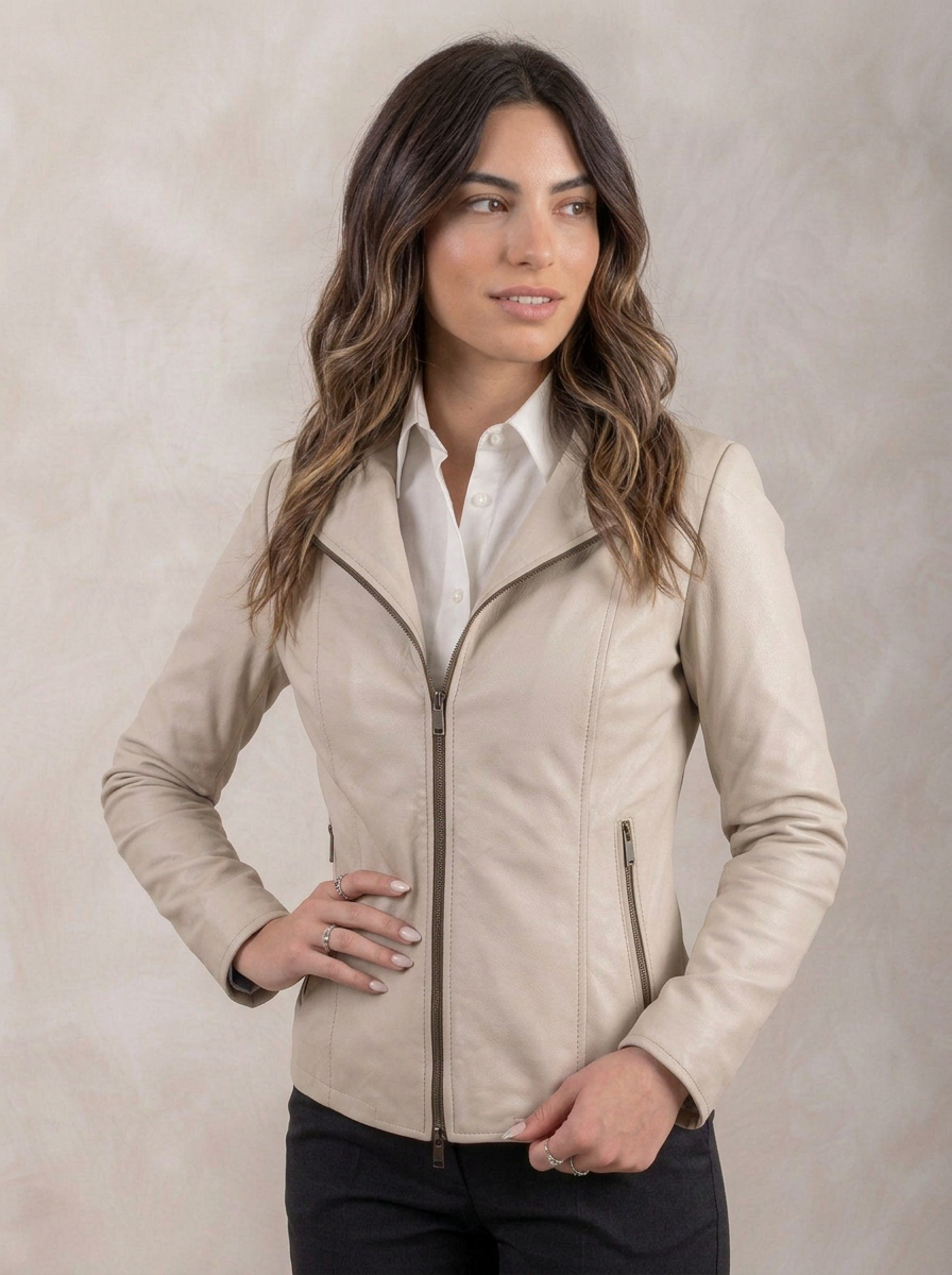 Giacca biker in pelle donna "Perla" — nappa ghiaccio
