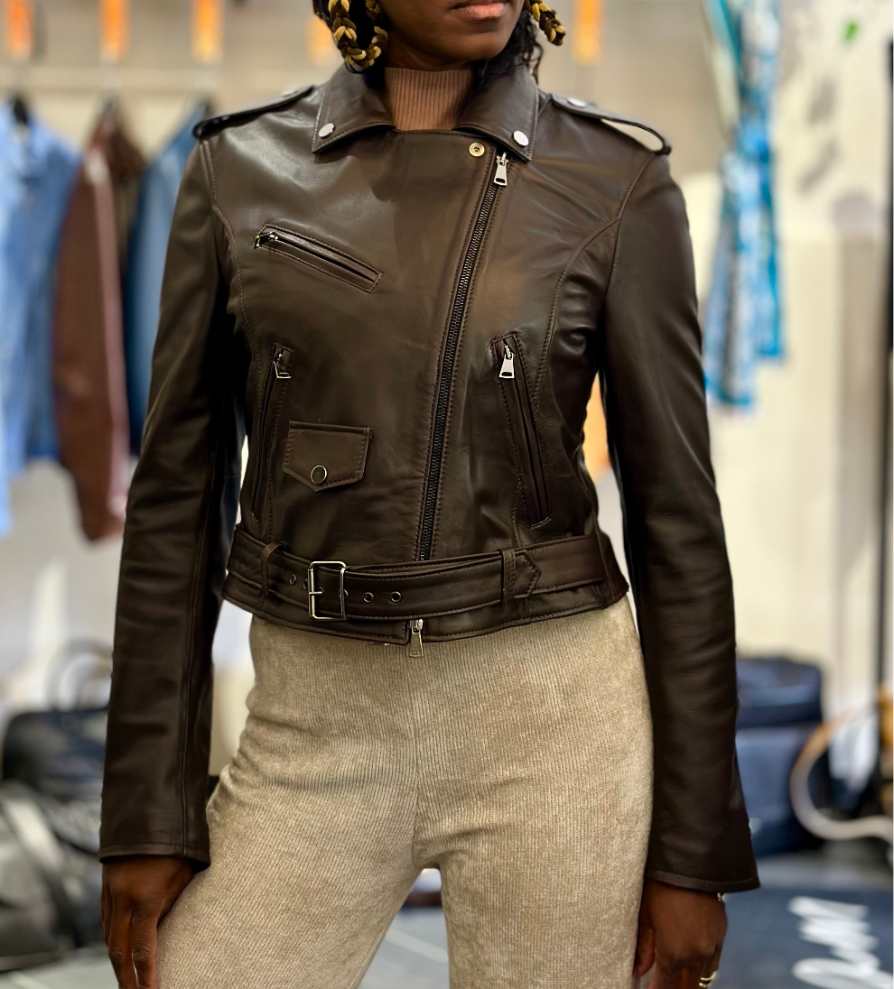 Veste en cuir « Pantera » en cuir nappa marron foncé